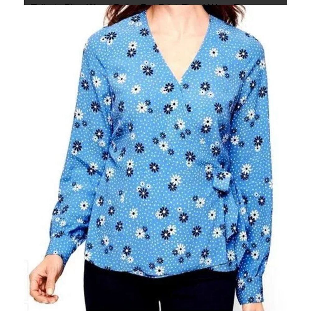 NWT Talbots Womens Blue Poet Sleeve Floral V-Neck Dot Wrap Blouse Top size‎ XL